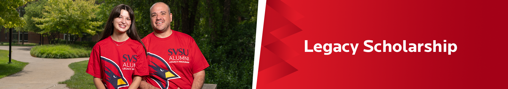 legacy scholarship with photo of dad and daughter in SVSU shirts smiling on campus